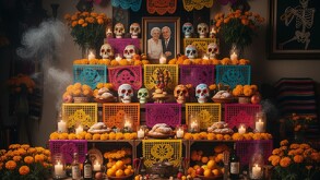 En la imagen se pueden ver los elementos con los que se elabora un altar de Muertos, dedicacdo al parecer a una pareja de abuelitos.