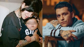 Cazzu cargando a su hija Inti. Christian Nodal viendo serio a la cámara.