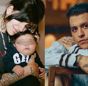 Cazzu cargando a su hija Inti. Christian Nodal viendo serio a la cámara. Cazzu cargando a su hija Inti. Christian Nodal viendo serio a la cámara.