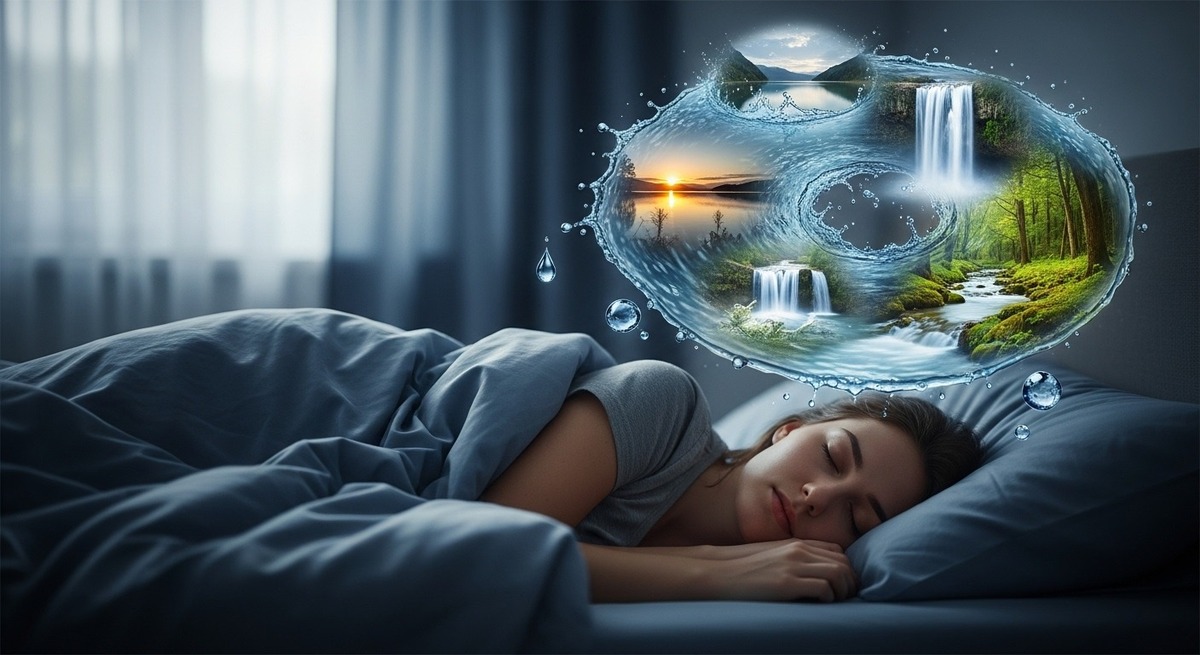 joven dormida con una nube que contiene agua de ríos, bosques y cascadas