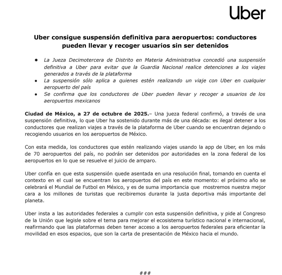 Comunicado de Uber sobre servicio en aeropuertos Comunicado de Uber sobre servicio en aeropuertos
