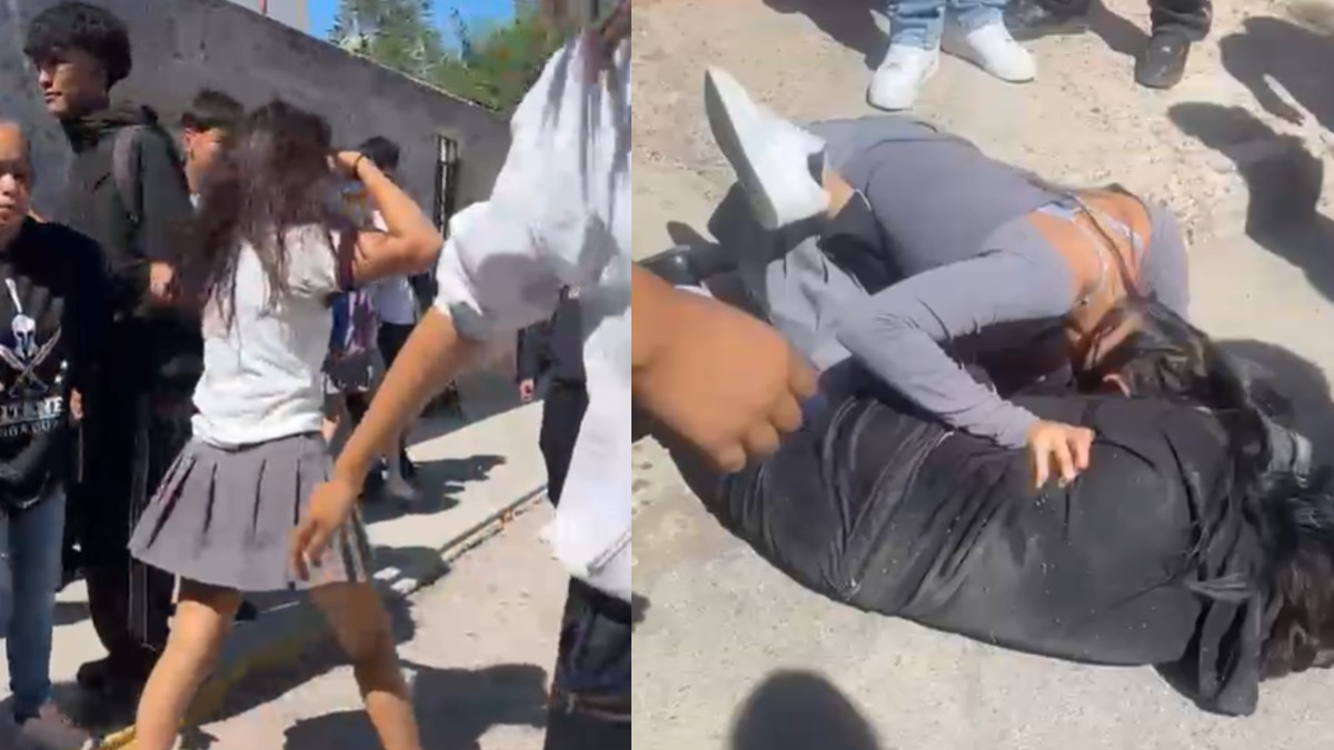 Estudiantes del Cetis 59 peleando a las afueras de la institución educativa.