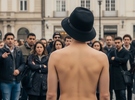 Persona de espaldas desnuda siendo observada por la gente en las calles Persona de espaldas desnuda siendo observada por la gente en las calles