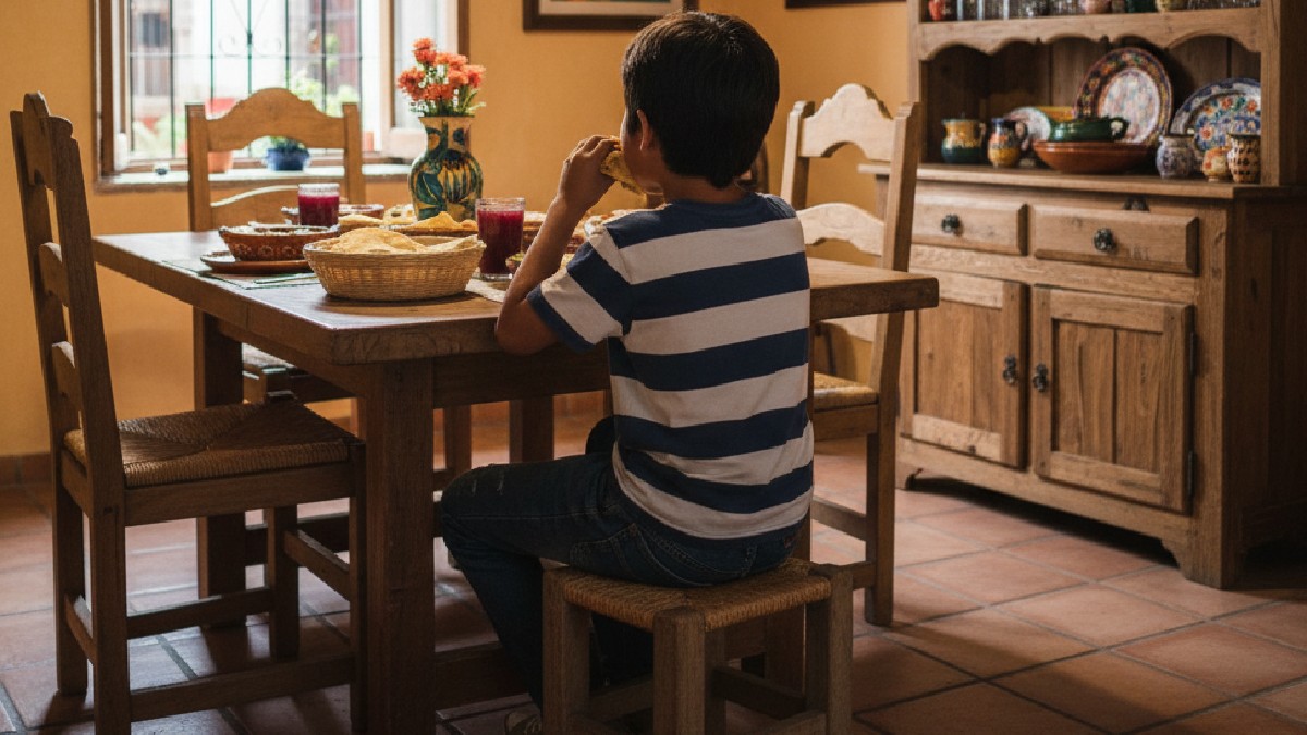 El niño está comiendo una quesadilla en el comedor de su casa y posteriormente murió. El niño está comiendo una quesadilla en el comedor de su casa y posteriormente murió.