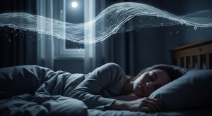mujer dormida acostada en su cama a la luz de la luna con agua sobre ella