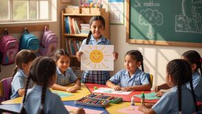 Niños en una escuela haciendo dibujos.