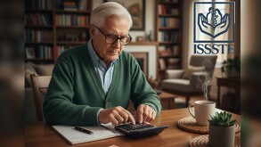 En la imagen se puede ver a un abuelito con una calculadora y una libreta en la que escribe cuánto dinero tiene.