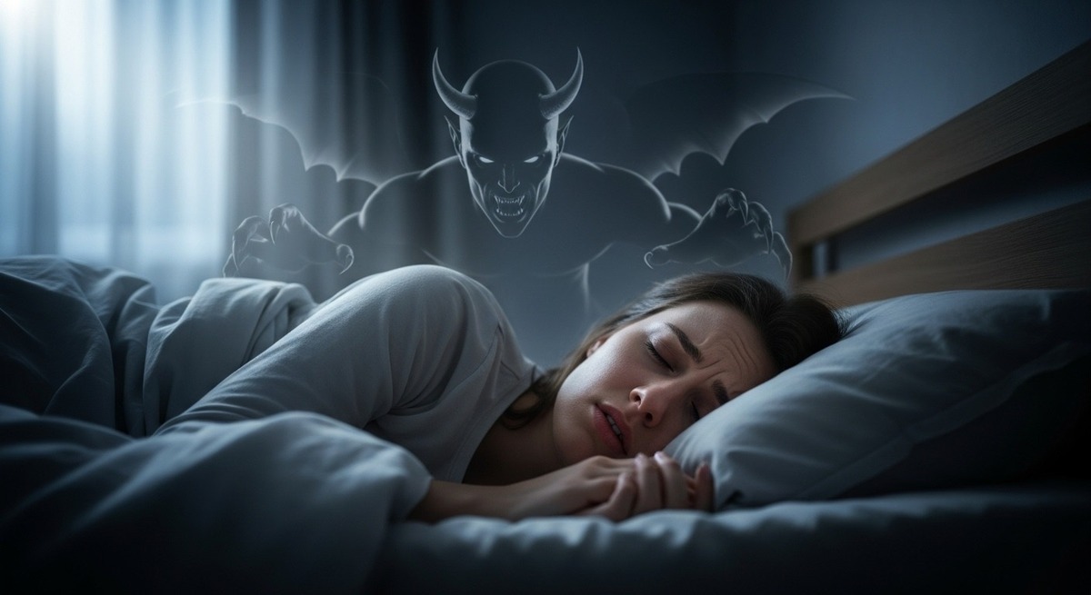 joven dormida en su cama con una expresión de pesadilla, mientras el diablo la observa joven dormida en su cama con una expresión de pesadilla, mientras el diablo la observa