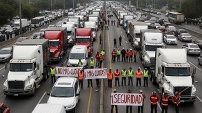 Integrantes de la Fuerza Amplia de Transportistas (FAT) marchando y bloqueando vialidades en la Ciudad de México