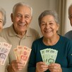 Adultos mayores sonriendo mientras sostienen billetes, simbolizando su pago de pensión del ISSSTE. Adultos mayores sonriendo mientras sostienen billetes, simbolizando su pago de pensión del ISSSTE.