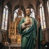 Imagen de San Judas Tadeo con su vestimenta característica de color verde y su bastón del lado izquierdo