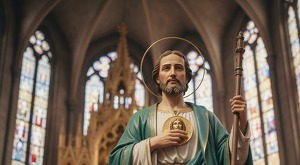 Imagen de San Judas Tadeo con su vestimenta característica de color verde y su bastón del lado izquierdo