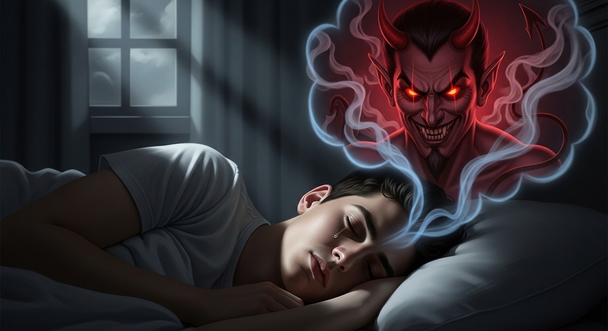 joven con una lagrima dormido en su cama mientras el diablo lo observa joven con una lagrima dormido en su cama mientras el diablo lo observa