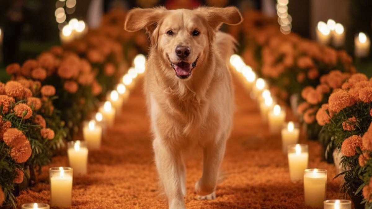 Perrito Golden Retriever corriendo por un camino de flores de Cempasúchil generada con IA (Gemini).