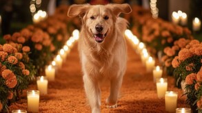 Perrito Golden Retriever corriendo por un camino de flores de Cempasúchil generada con IA (Gemini).