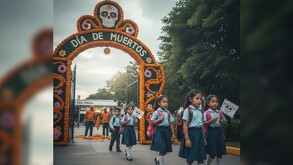 Alumnos asistiendo a clases durante festividades de Día de Muertos.