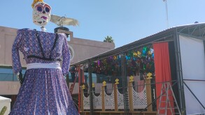Figura de calavera de gran tamaño como decoración y con un vestido morado por el festival de los huesos.