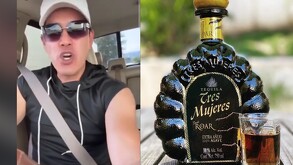 Un collage: Izquierda, un hombre con gorra y lentes oscuros gesticula y habla desde un coche. Derecha, una botella negra de Tequila Tres Mujeres Dark Roar Extra