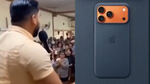 un pastor cristiano frente a su congregación y un iphone 17 pro max