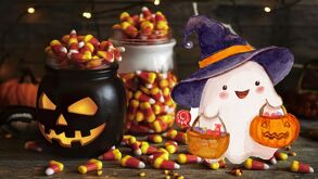 Dulces de Halloween y fantasmita disfrazado con dulces.