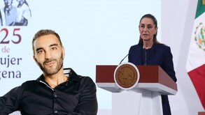 La Mañanera con Claudia Sheinbaum hablando desde el podio, con imagen de Simón Levy, ex funcionario detenido en Portugal