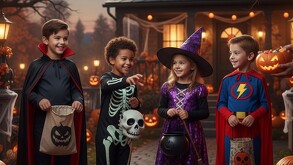 Niños con disfraces pidiendo dulces en Halloween, imagen generada con IA.