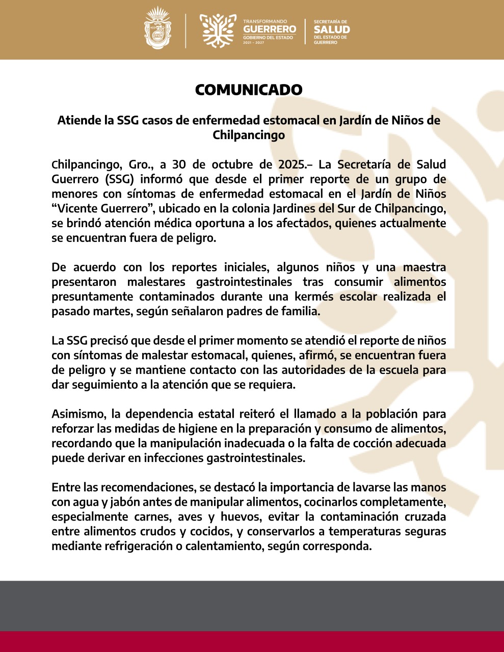 Comunicado por la intoxicación en jardín de niños “Vicente Guerrero”, ubicado en Chilpancingo. Comunicado por la intoxicación en jardín de niños “Vicente Guerrero”, ubicado en Chilpancingo.