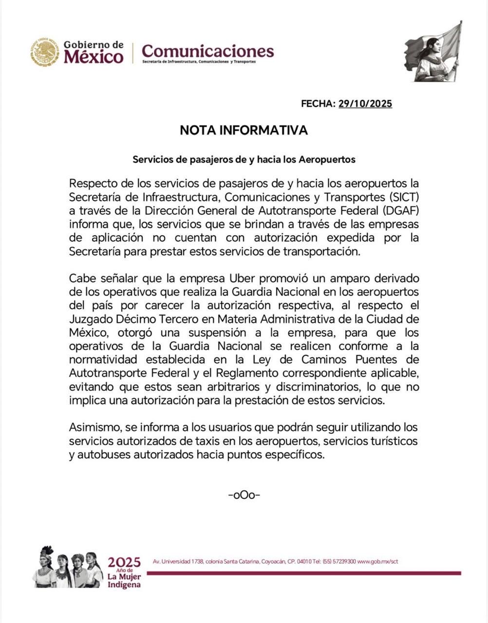 Comunicado de SICT sobre permisos de Uber en aeropuertos