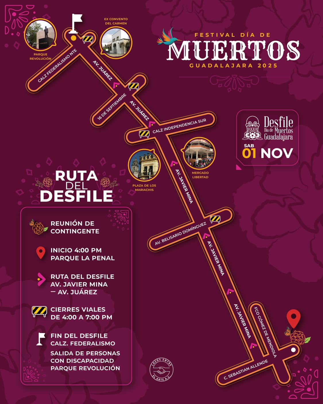 Mapa de calles cerradas del desfile de Día de Muertos en Guadalajara, 01 de noviembre de 2025 Mapa de calles cerradas del desfile de Día de Muertos en Guadalajara, 01 de noviembre de 2025