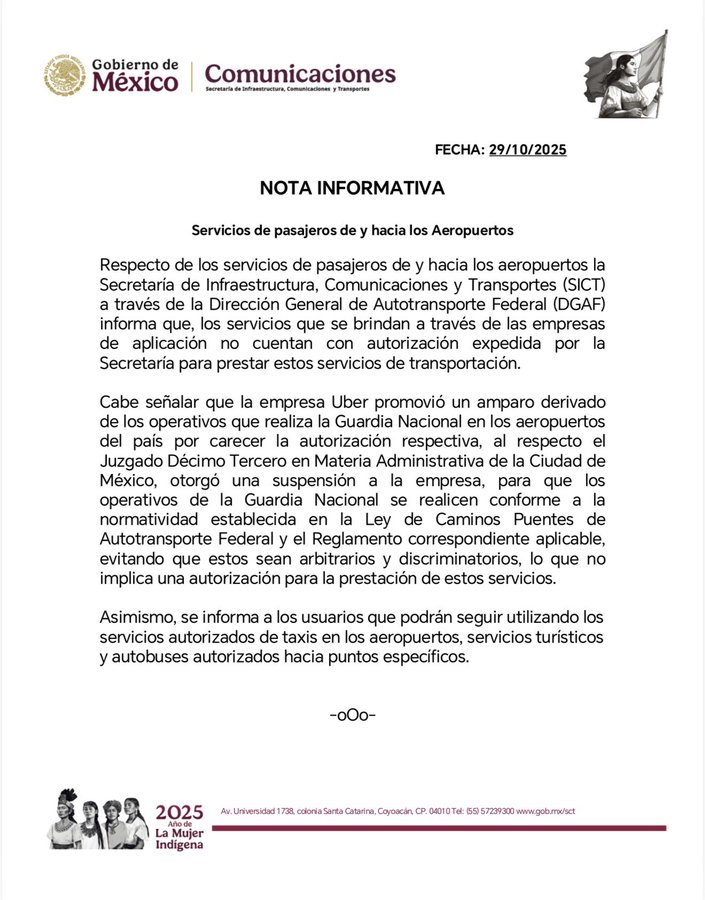 Comunicado SICT sobre que Uber no puede operar en aeropuertos Comunicado SICT sobre que Uber no puede operar en aeropuertos