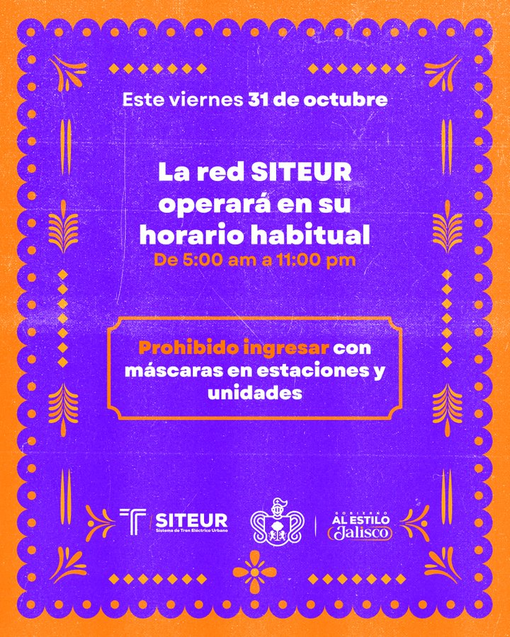 SITEUR detalla los horarios para el 31 de octubre en Jalisco.