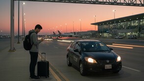 Persona solicitando un Uber a las afueras de un aeropuerto