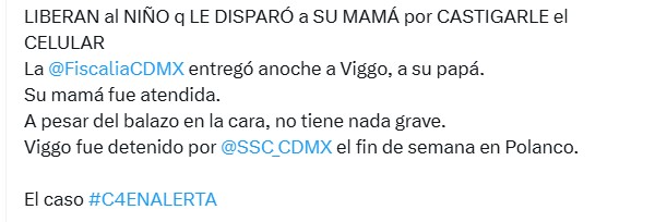 Vigo 'N', liberado tras ser detenido por disparar a su mamá en Polanco Vigo 'N', liberado tras ser detenido por disparar a su mamá en Polanco