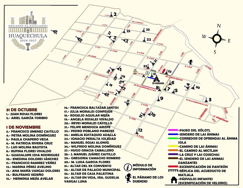 Mapa en color café que muestra 34 puntos para visitar en el municipio de Huaquechula, Puebla. Mapa en color café que muestra 34 puntos para visitar en el municipio de Huaquechula, Puebla.
