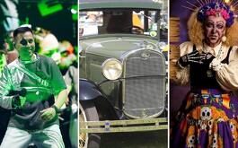Collage de los eventos más populares que se esperan en Guadalajara, vocalista de los Caligaris, un auto clásico y la obra de la muerte irredenta.