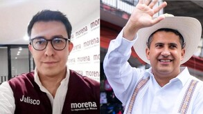 A la izquierda una selfie de Alberto Tejeda vistiendo un chaleco del partido de Morena Jalisco y a la derecha una foto de Carlos Manzo saludando