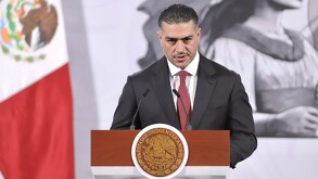 Omar García Harfuch en la conferencia de prensa de la presidenta Claudia Sheinbaum sobre el asesinato de Carlos Manzo.