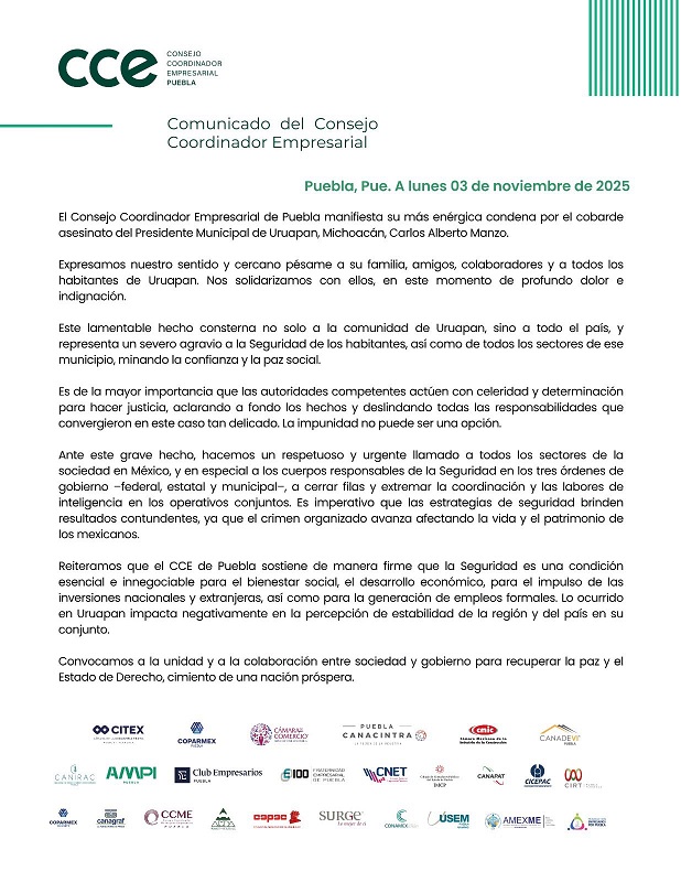 Comunicado de la CCE Puebla sobre el asesinato del alcalde de Uruapan, Michoacán.