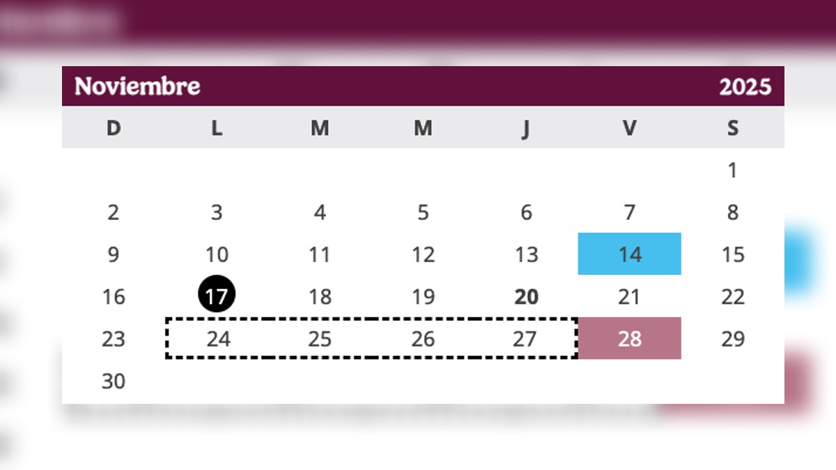 Calendario de la SEP en México, indicando los días de descanso en este mes de noviembre.