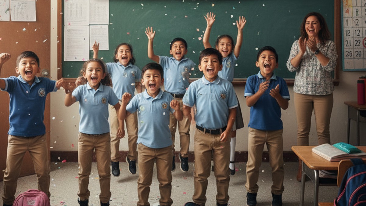 Niños celebrando en un salón de clases, ilustración creada con IA.
