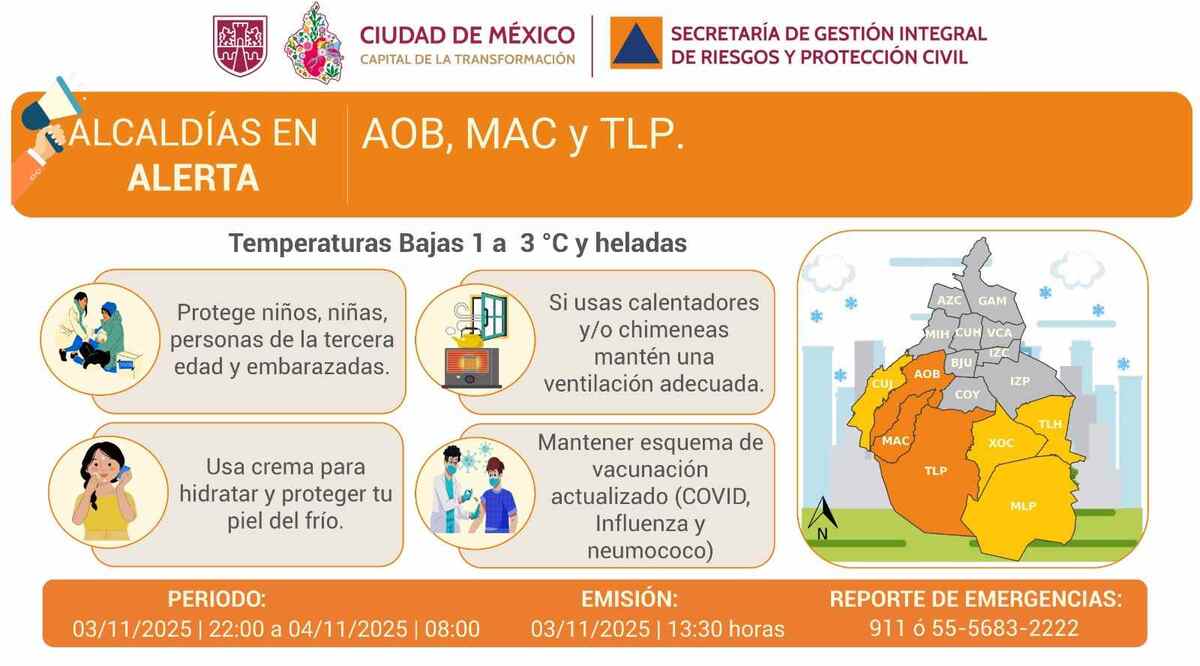 Alerta naranja en tres alcaldías de CdMx por bajas temperaturas