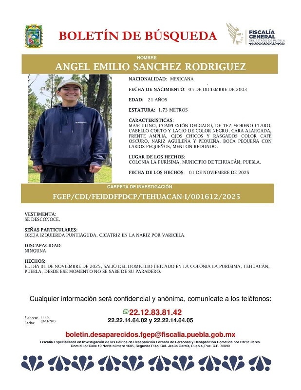 Boletín de búsqueda de un hombre joven desaparecido en el municipio de Tehuacán, Puebla.