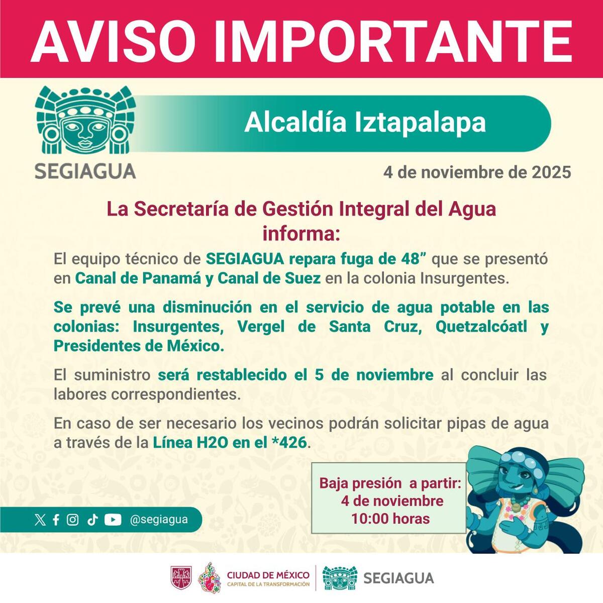 Anuncio de reducción de agua en Iztapalapa