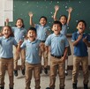 Niños celebrando en un salón de clases, ilustración creada con IA.