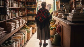 La abuelita se encuentra en una tienda de abarrotes surtida de frutas, verduras, comida en general.