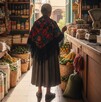 La abuelita se encuentra en una tienda de abarrotes surtida de frutas, verduras, comida en general.
