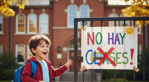 La imagen generada por inteligencia artificial de Google muestra a un niño pequeño que está feliz por notar que no tendrá clases.