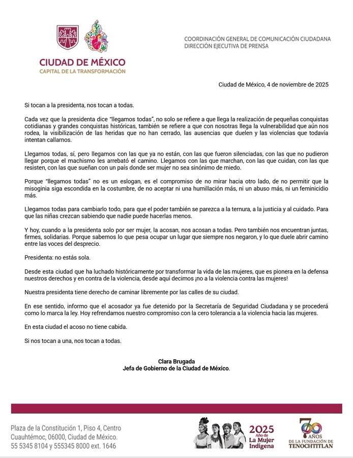 Comunicado de apoyo de Clara Brugada a la presidenta Claudia Sheinbaum tras acoso