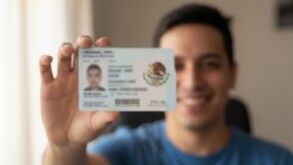 Un joven sonriendo que viste playera azul muestra su credencial de elector.
