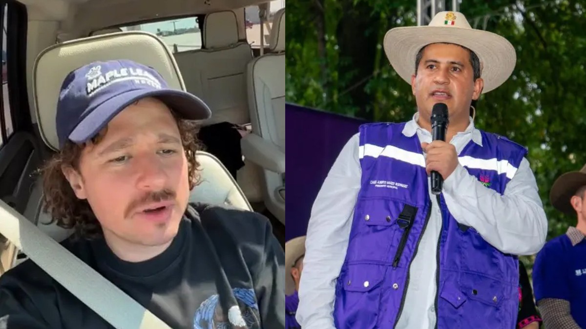 A la izquierda: Luisito Comunica dentro de su camioneta usando gorra azul y playera negra. A la derecha: Carlos Manzo con un micrófono en la mano y un sombrero